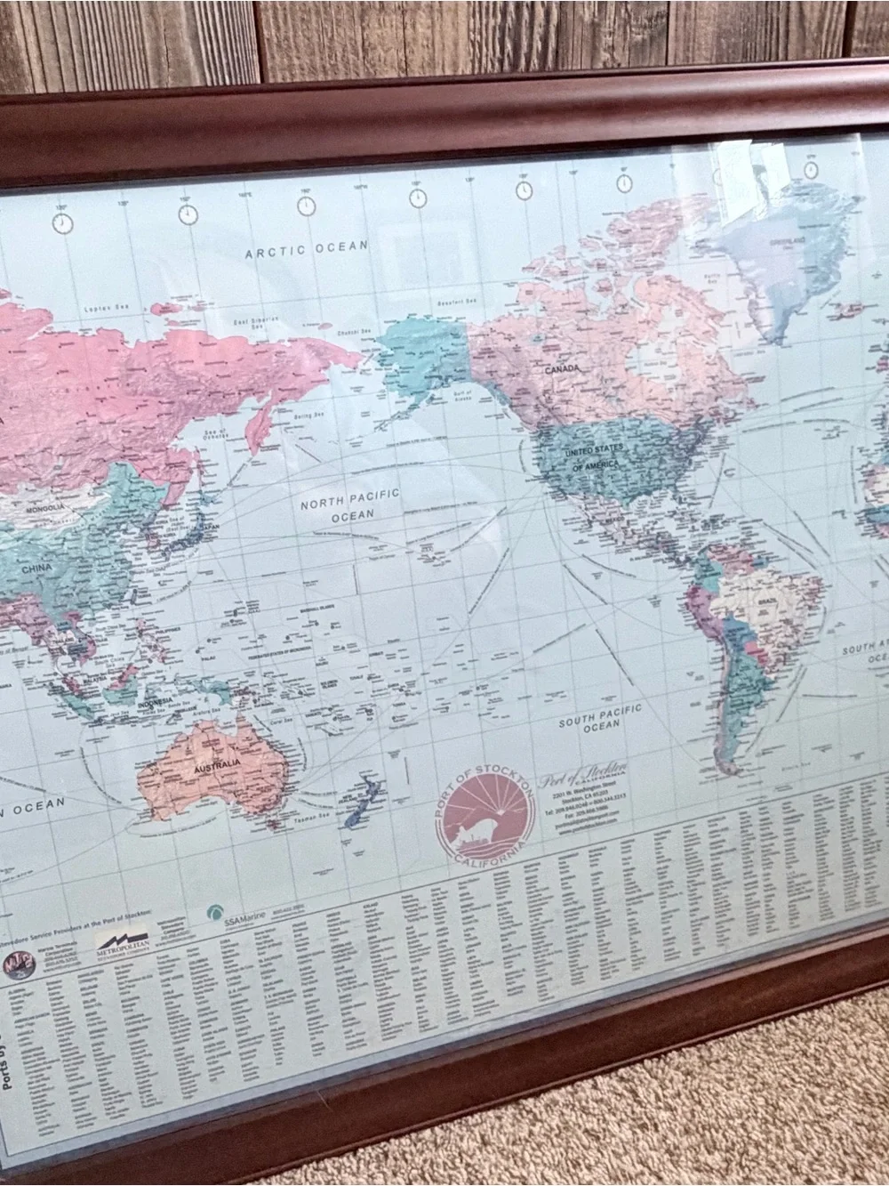 Framed World Map Wall Art in Teal and Pink